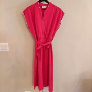 Vtg Periwinkle Pink Dress Midi Belted‎ Tie Elastic Waist Retro Career Office